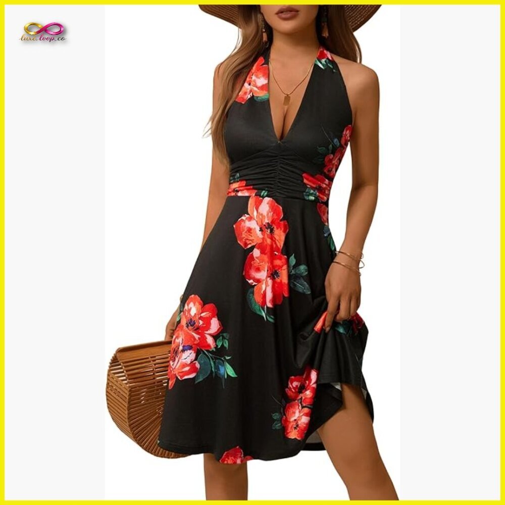 Sleeveless Halter Sundress Floral Mini Dress Ruffle Waist Boho Summer Casual